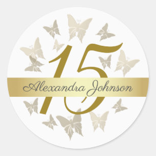 Elegant Gold Butterflies 15th Birthday Quinceanera Classic Round Sticker