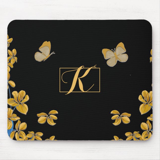 Elegant Gold Butterflies & Flowers Monogram Mouse Mat (Front)