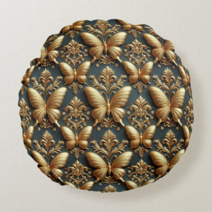 Elegant Gold Butterflies Pattern Round Cushion