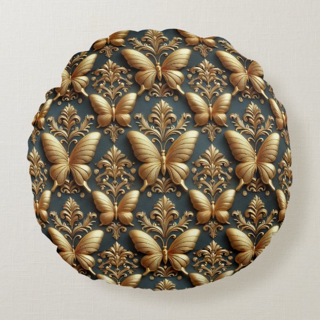 Elegant Gold Butterflies Pattern Round Cushion (Front)