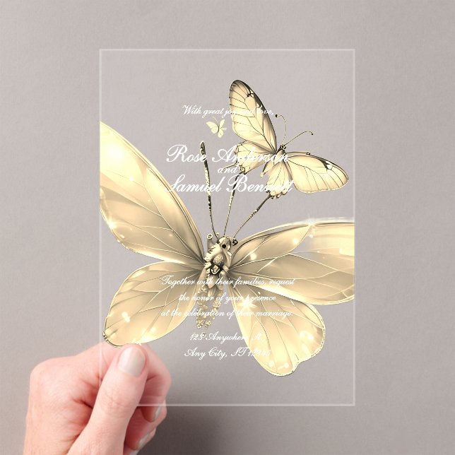 Elegant Gold Butterfly Wedding Acrylic Invitation (Insitu (Handheld))