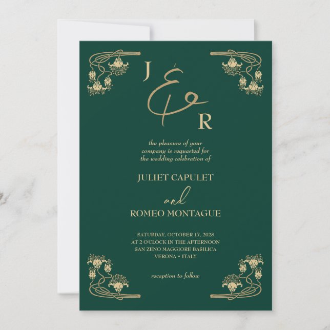 Elegant gold calligraphy Art Deco on green wedding Invitation (Front)