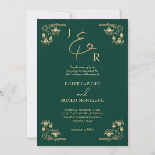 Elegant gold calligraphy Art Deco on green wedding Invitation