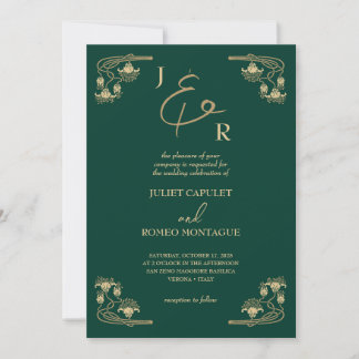 Elegant gold calligraphy Art Deco on green wedding Invitation