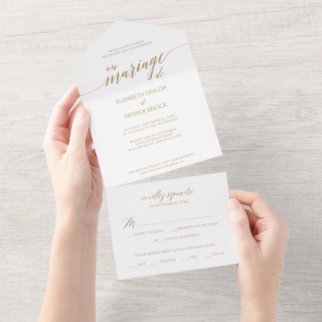 Elegant Gold Calligraphy Au Mariage De All In One Invitation (Tearaway)