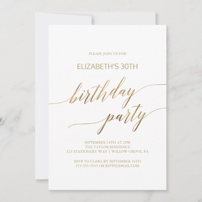 Elegant Gold Calligraphy Birthday Party Invitation (Front)