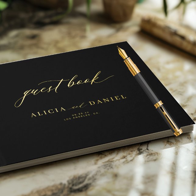 Elegant gold calligraphy black minimalist wedding guest book (Creator Uploaded)