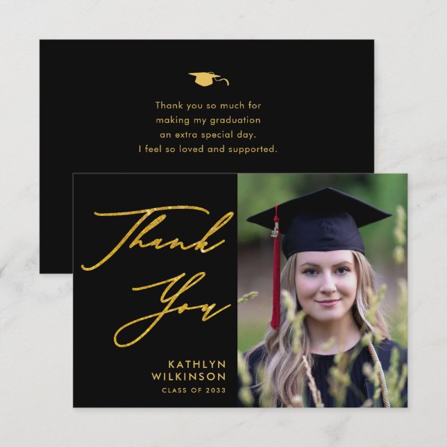 Elegant Gold Calligraphy Black Simple Graduation Thank You Card (Front/Back)