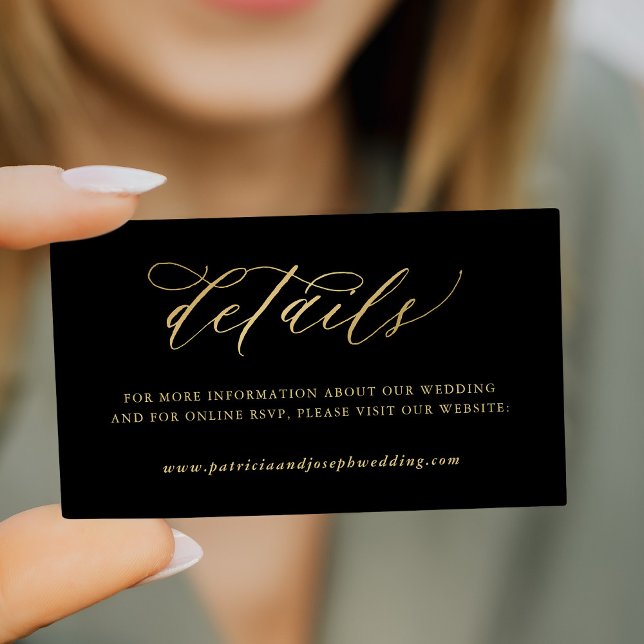 Elegant gold calligraphy black wedding details enclosure card (Creator Uploaded)