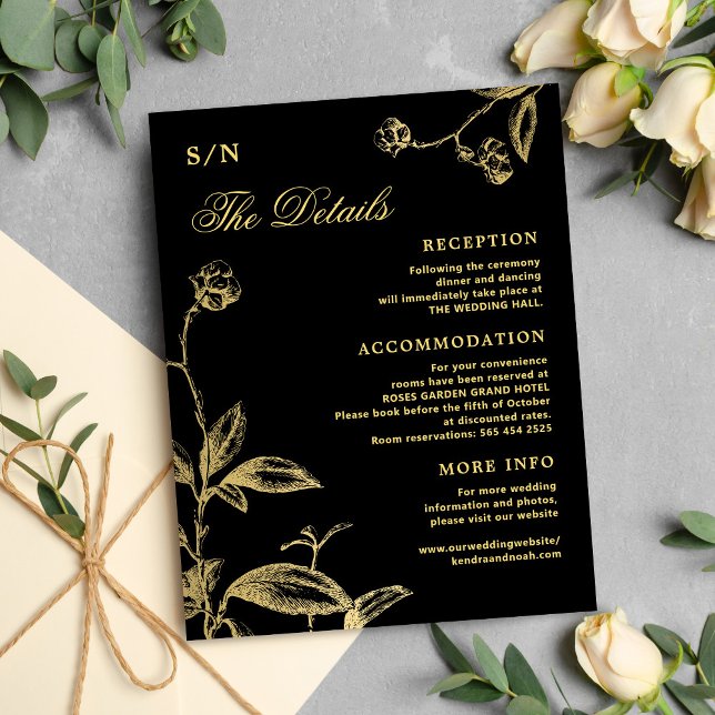 Elegant gold calligraphy black wedding details enclosure card (Creator Uploaded)