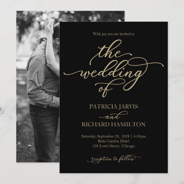 Elegant Gold Calligraphy Black Wedding Invitation (Front/Back)