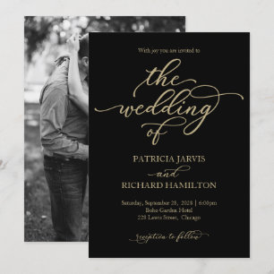 Elegant Gold Calligraphy Black Wedding Invitation