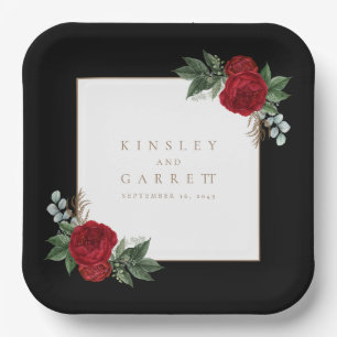 Elegant Gold Calligraphy Black & White Wedding Paper Plate