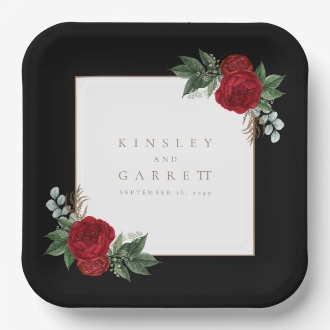 Elegant Gold Calligraphy Black & White Wedding Paper Plate (Front)