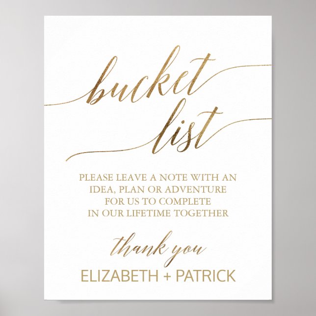 Elegant Gold Calligraphy Bucket List Sign (Front)