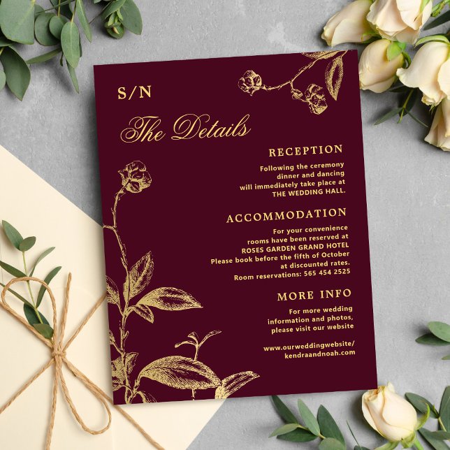 Elegant gold calligraphy burgundy wedding details enclosure card (Creator Uploaded)