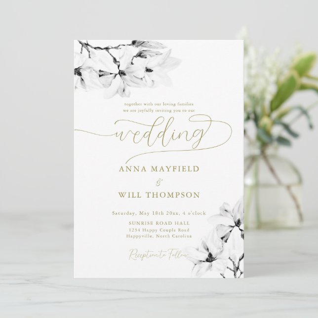 Elegant Gold Calligraphy Classic Magnolia Wedding Invitation (Standing Front)