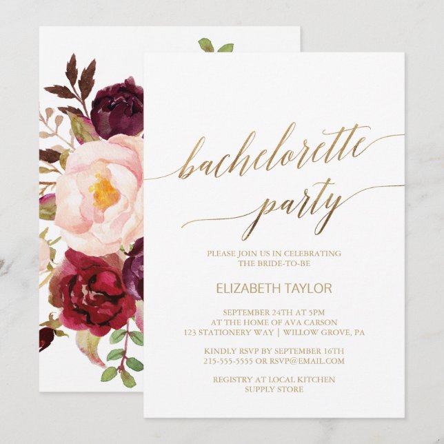 Elegant Gold Calligraphy | Floral Bachelorette Invitation (Front/Back)