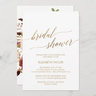 Elegant Gold Calligraphy   Floral Bridal Shower Invitation