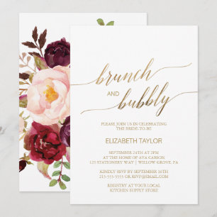 Elegant Gold Calligraphy   Floral Brunch & Bubbly Invitation
