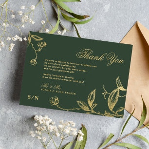 Elegant gold calligraphy floral green wedding thank you card