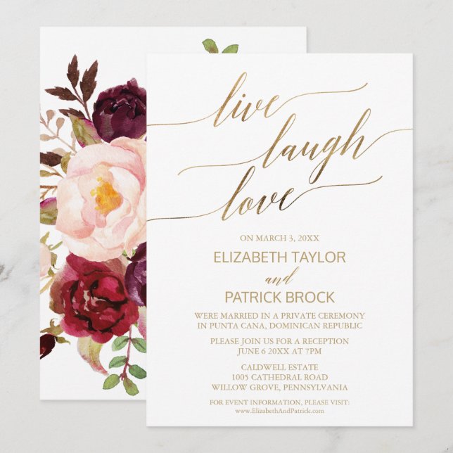 Elegant Gold Calligraphy | Floral Live Laugh Love Invitation (Front/Back)