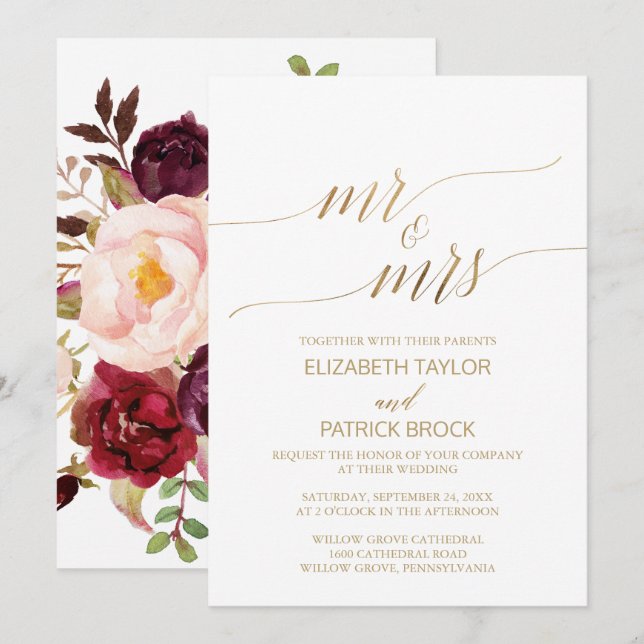 Elegant Gold Calligraphy Floral Mr & Mrs Wedding Invitation (Front/Back)