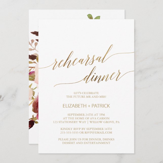 Elegant Gold Calligraphy | Floral Rehearsal Dinner Invitation (Front/Back)