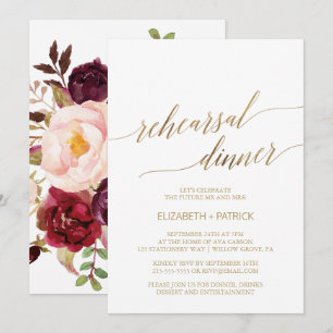 Elegant Gold Calligraphy   Floral Rehearsal Dinner Invitation