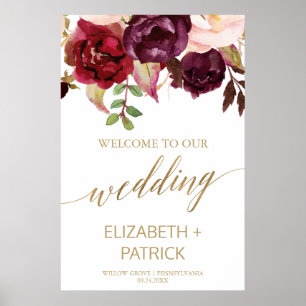Elegant Gold Calligraphy Floral Wedding Welcome Poster