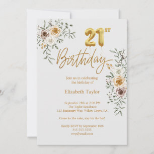 Elegant Gold Calligraphy & Florals 21st Birthday  Invitation