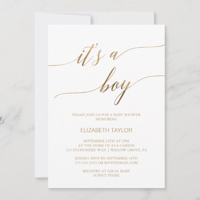 Elegant Gold Calligraphy It's A Boy Baby Shower Invitation (Front)