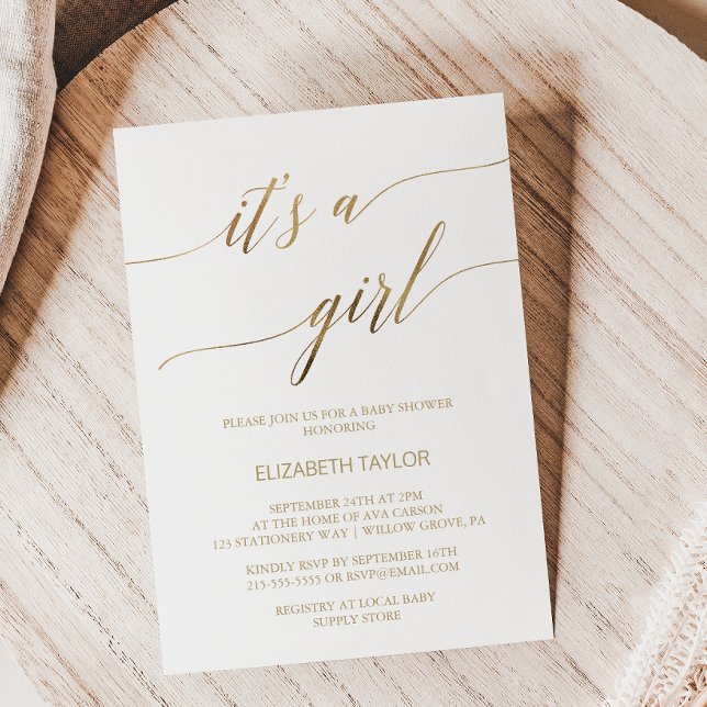 Elegant Gold Calligraphy It's A Girl Baby Shower Invitation (Creator Uploaded)