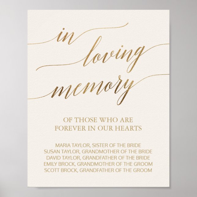 Elegant Gold Calligraphy Ivory Loving Memory Sign (Front)