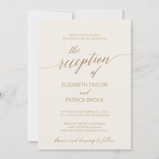 Elegant Gold Calligraphy Ivory Reception Details Invitation (Front)