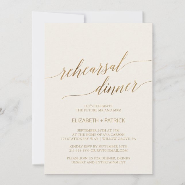 Elegant Gold Calligraphy | Ivory Rehearsal Dinner Invitation (Front)