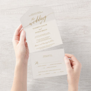 Elegant Gold Calligraphy Ivory Wedding All In One Invitation