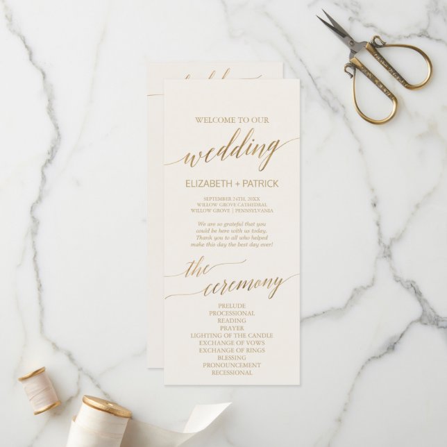 Elegant Gold Calligraphy | Ivory Wedding Program Programme (Front/Back In Situ)