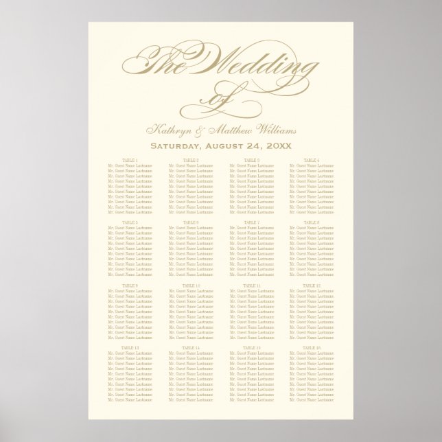 Elegant Gold Calligraphy Ivory Wedding Seating Poster (Front)