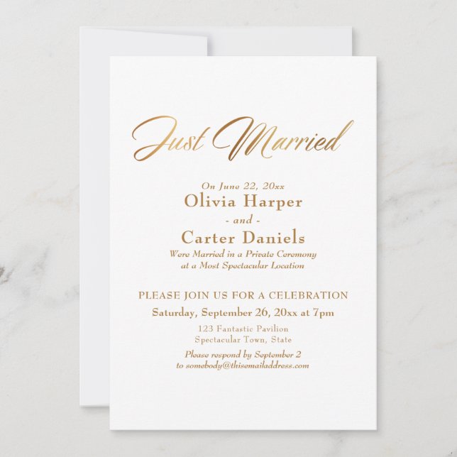 Elegant Gold Calligraphy Just Married Reception Invitation (Front)