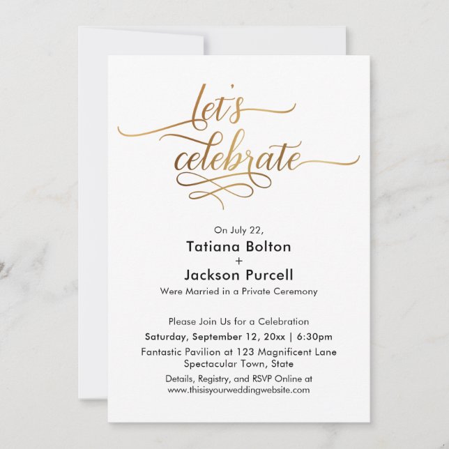 Elegant Gold Calligraphy Let's Celebrate Reception Invitation (Front)