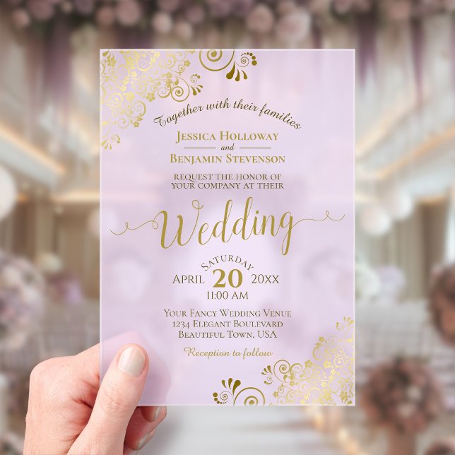 Elegant Gold Calligraphy Lilac Purple Wedding Acrylic Invitations (Creator Uploaded)