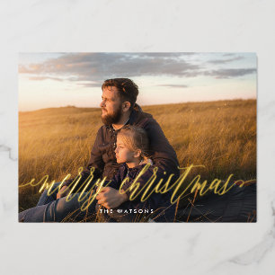 Elegant Gold Calligraphy Merry Christmas Photo Foil Holiday Card