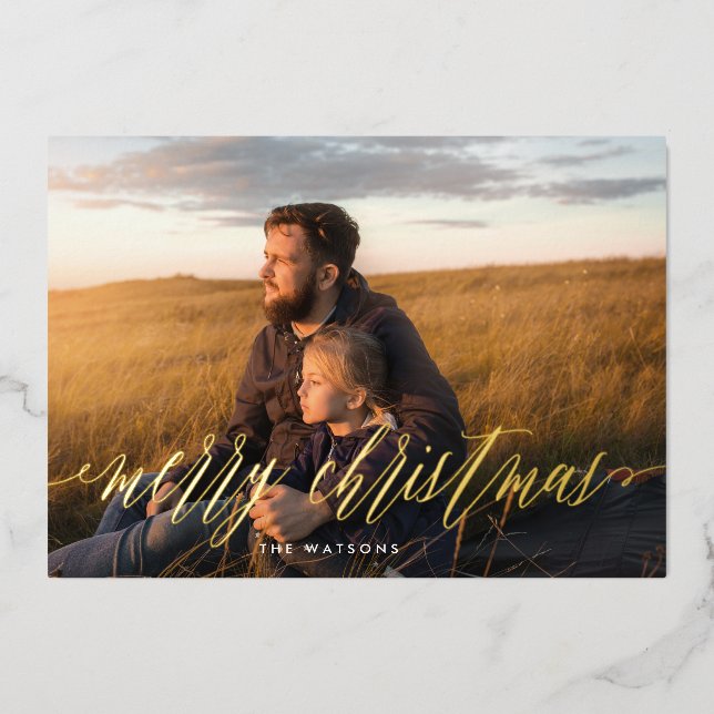 Elegant Gold Calligraphy Merry Christmas Photo Foil Holiday Card (Front)