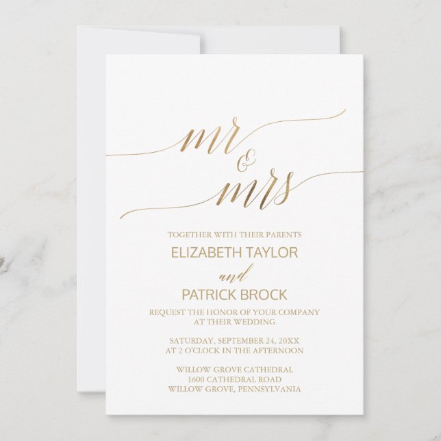 Elegant Gold Calligraphy Mr & Mrs Wedding Invitation (Front)