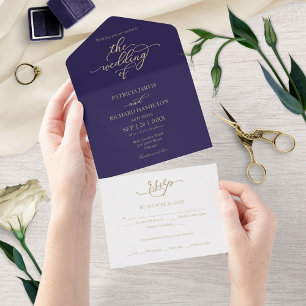 Elegant Gold Calligraphy Navy Blue Wedding All In One Invitation