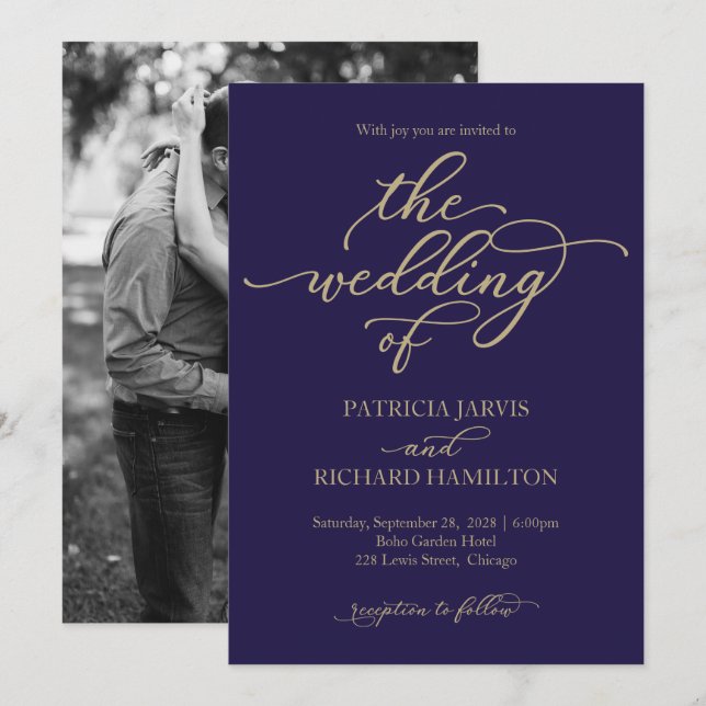 Elegant Gold Calligraphy Navy Blue Wedding Invitation (Front/Back)