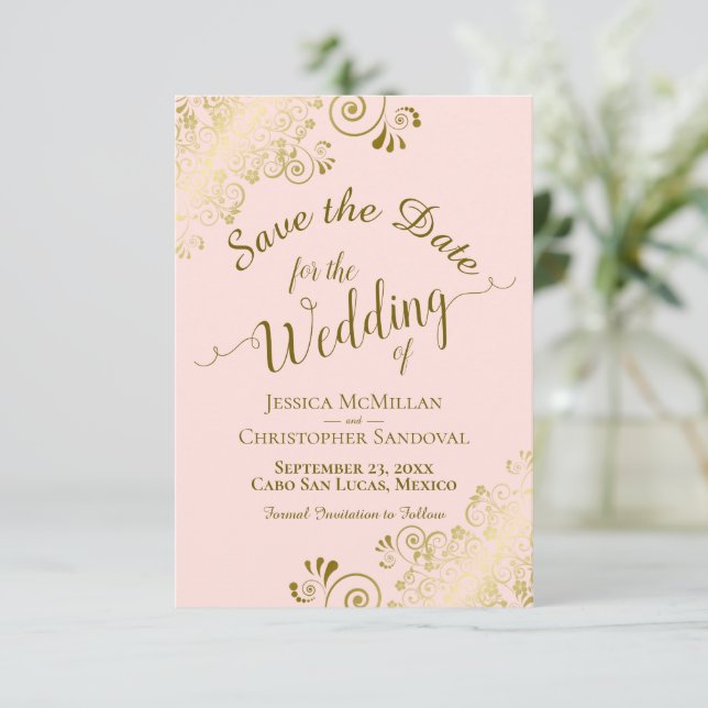 Elegant Gold Calligraphy on Blush Pink Wedding Save The Date (Standing Front)