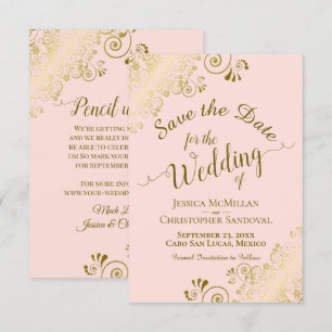 Elegant Gold Calligraphy on Blush Pink Wedding Save The Date