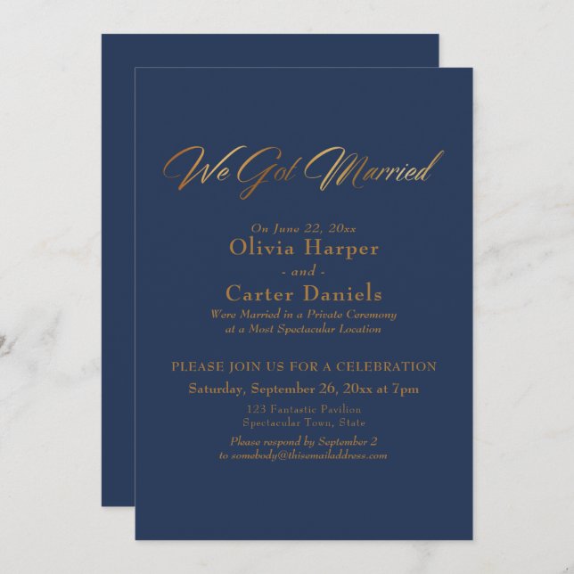 Elegant Gold Calligraphy on Navy We Got Married Invitation (Front/Back)